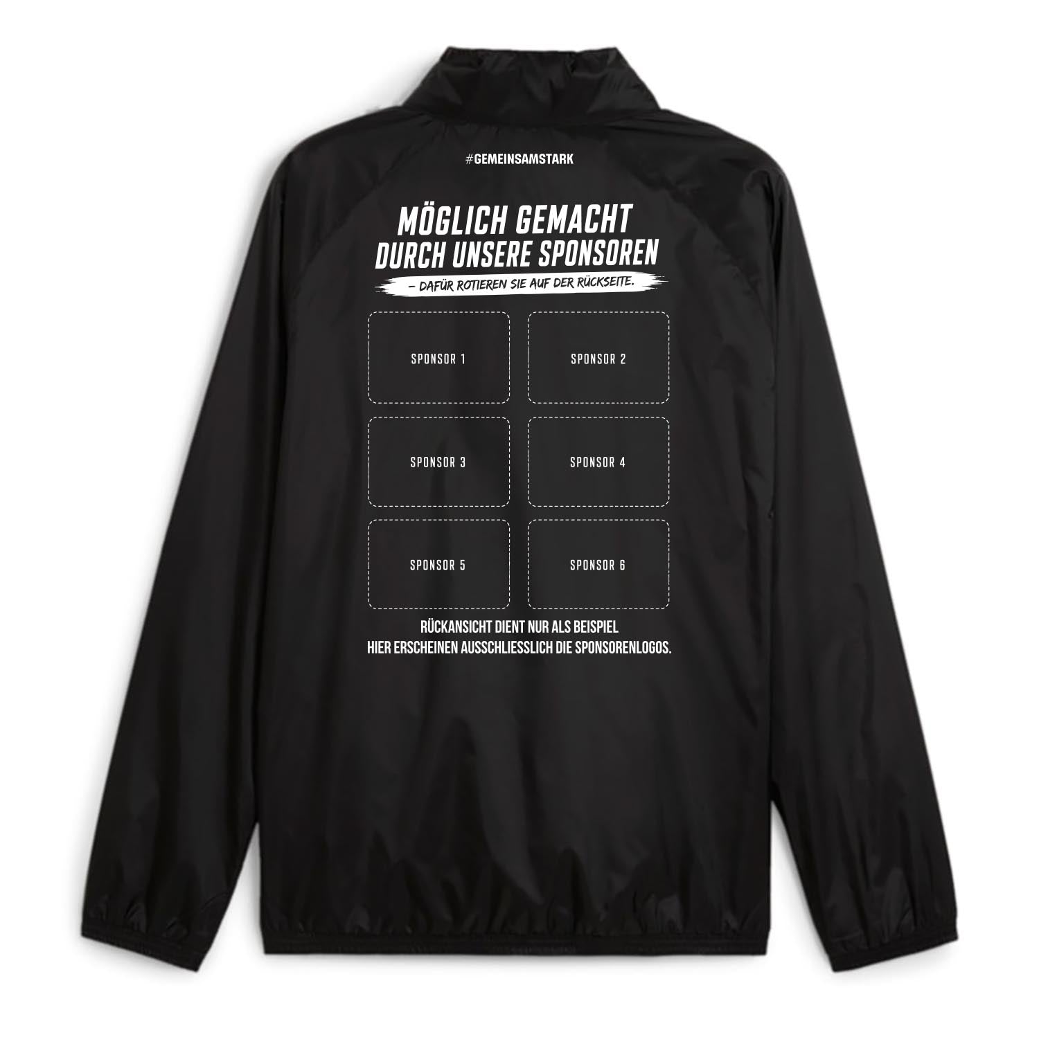 PUMA teamGOAL All Weather Jacket Schwarz – Rückansicht (Sponsorenfläche)